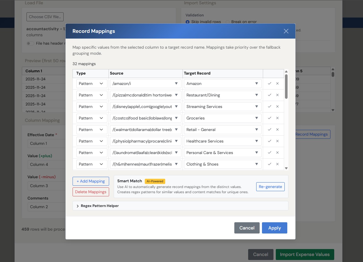 CSV import with AI-powered smart match and regex pattern mappings