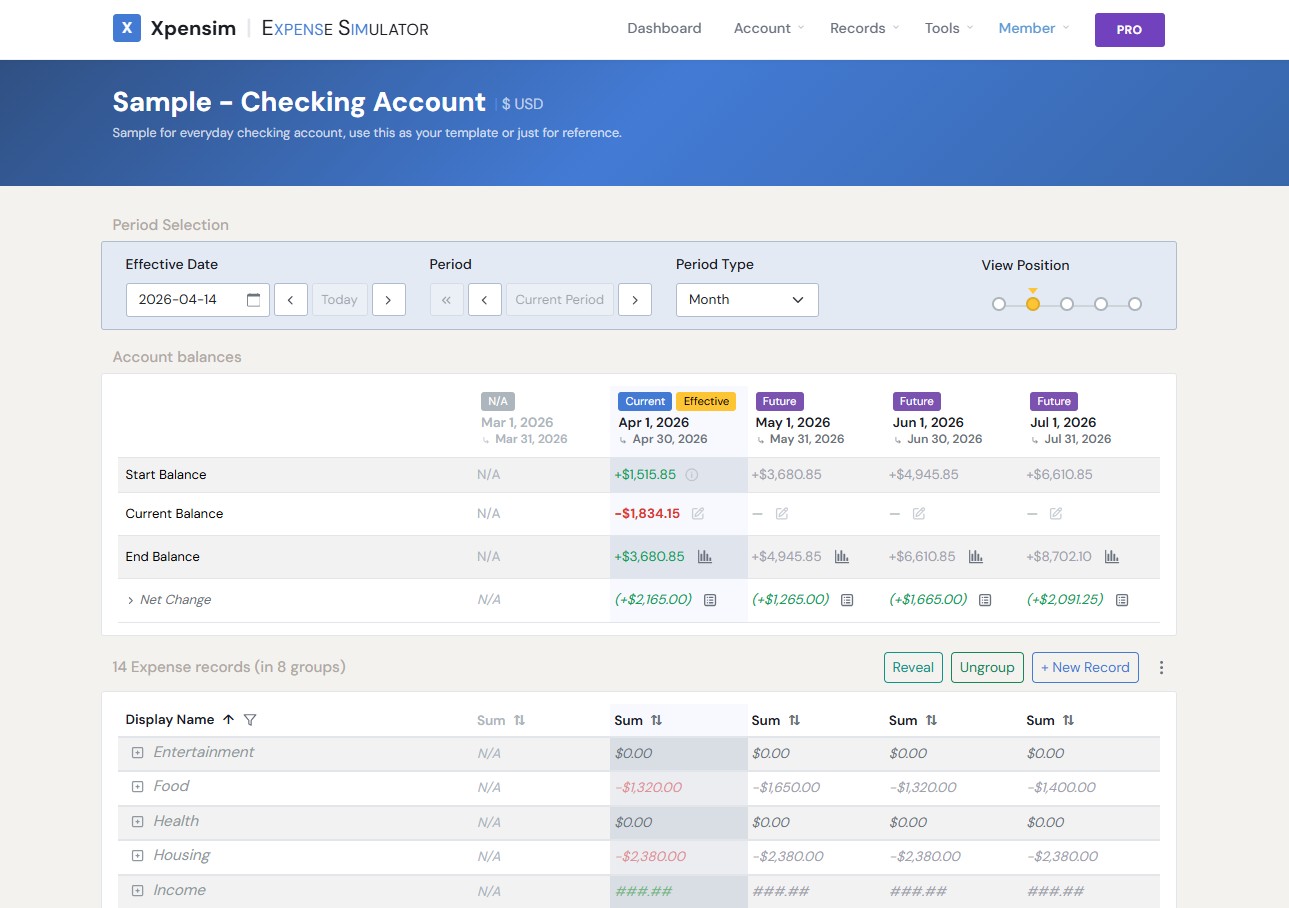 Account view showing projected balances across multiple periods